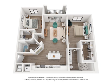 a 1 bedroom floorplan is shown in this rendering
